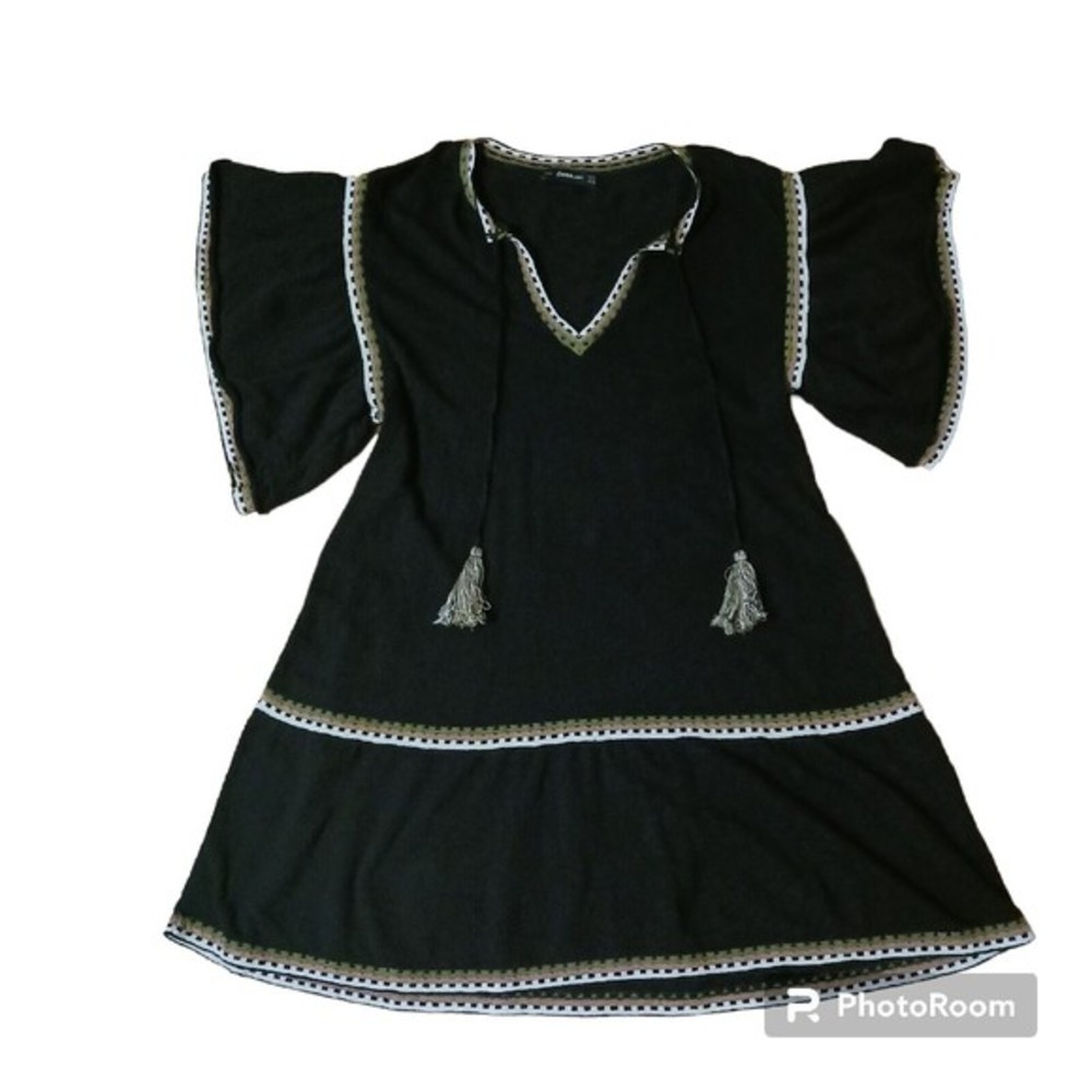 Zara Knit Womens Small Black Tasseled Crochet Bohemian Layered Dress‎ Cotton